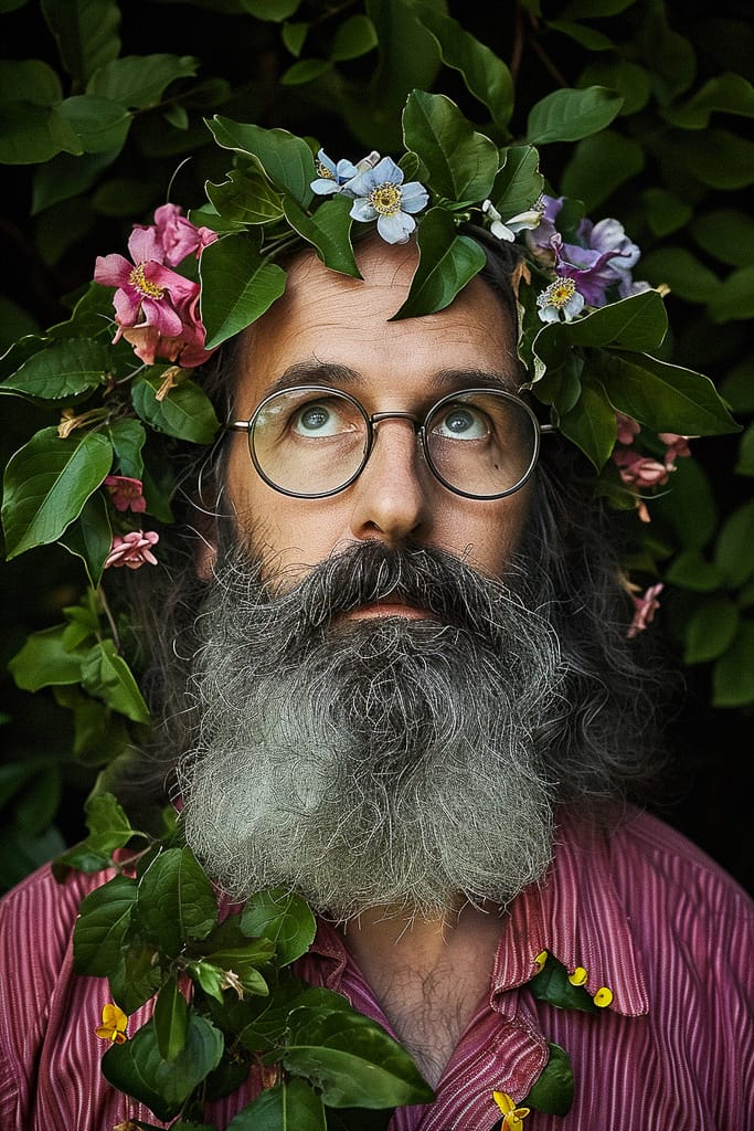 Bearded wizard with flowers and leaves, realistic portrait in rich green tones and soft light, Midjourney V6.0