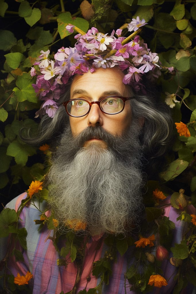 Flower wizard with a long gray beard, wearing glasses amid lush green leaves and blossoms, Midjourney V5.2