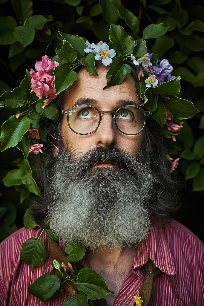 Flower wizard with a long gray beard, photorealistic portrait in rich green foliage and soft light, Midjourney V6.0, figure 201