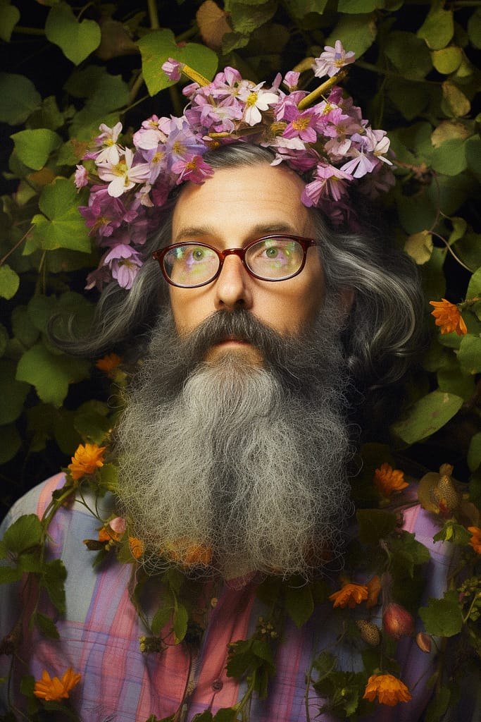 Bearded flower wizard with glasses, photorealistic portrait in warm natural light and vivid greenery, Midjourney V5.2