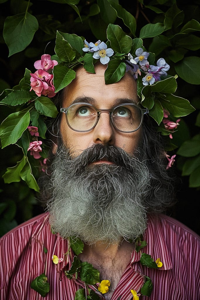 Flower wizard portrait with leafy greenery, realistic photography, dark palette and soft light, Midjourney V6.0