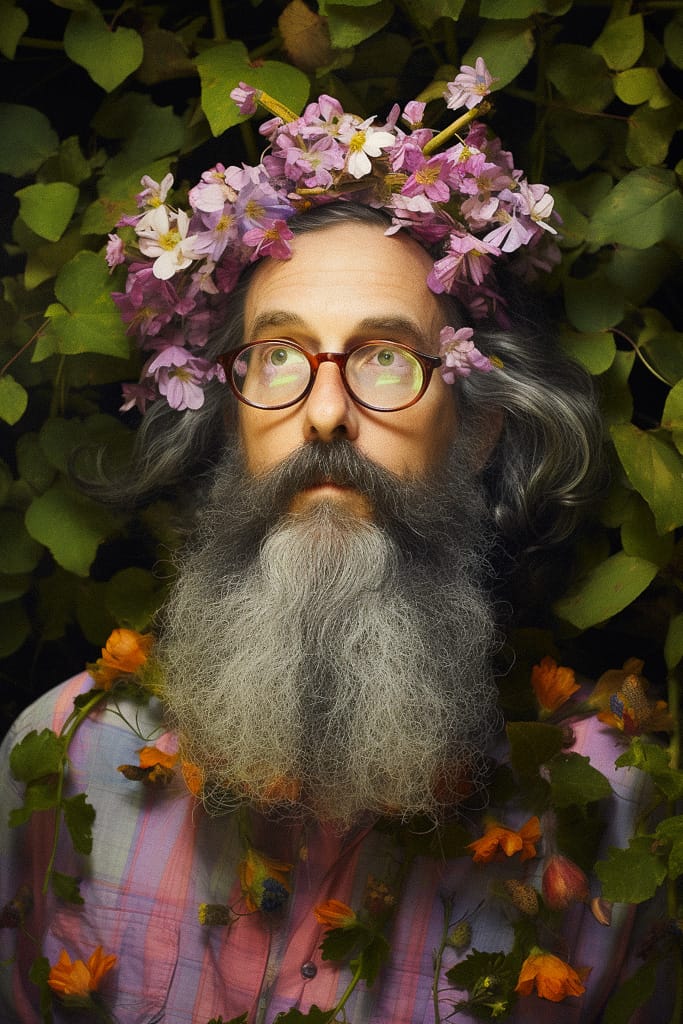 Flower wizard with a long gray beard, floral portrait in warm natural light and rich colors, Midjourney V5.2