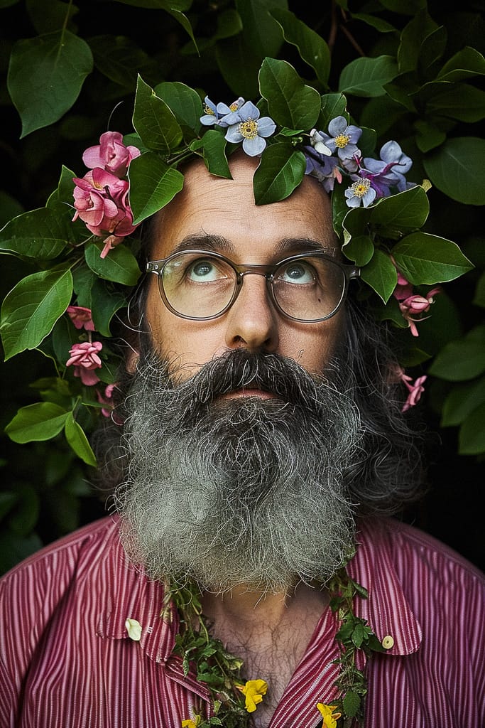 Wizard of flowers with a long gray beard, photographed in rich green foliage and colorful flowers, Midjourney V6.0