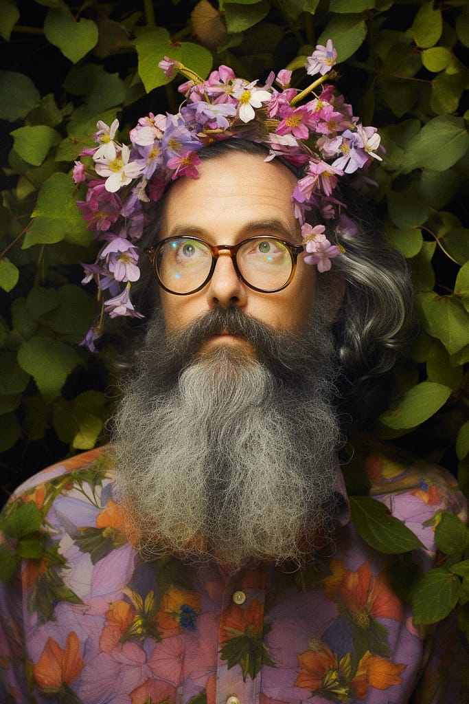 Bearded wizard of flowers with a floral crown, photorealistic in warm natural light, Midjourney V5.2