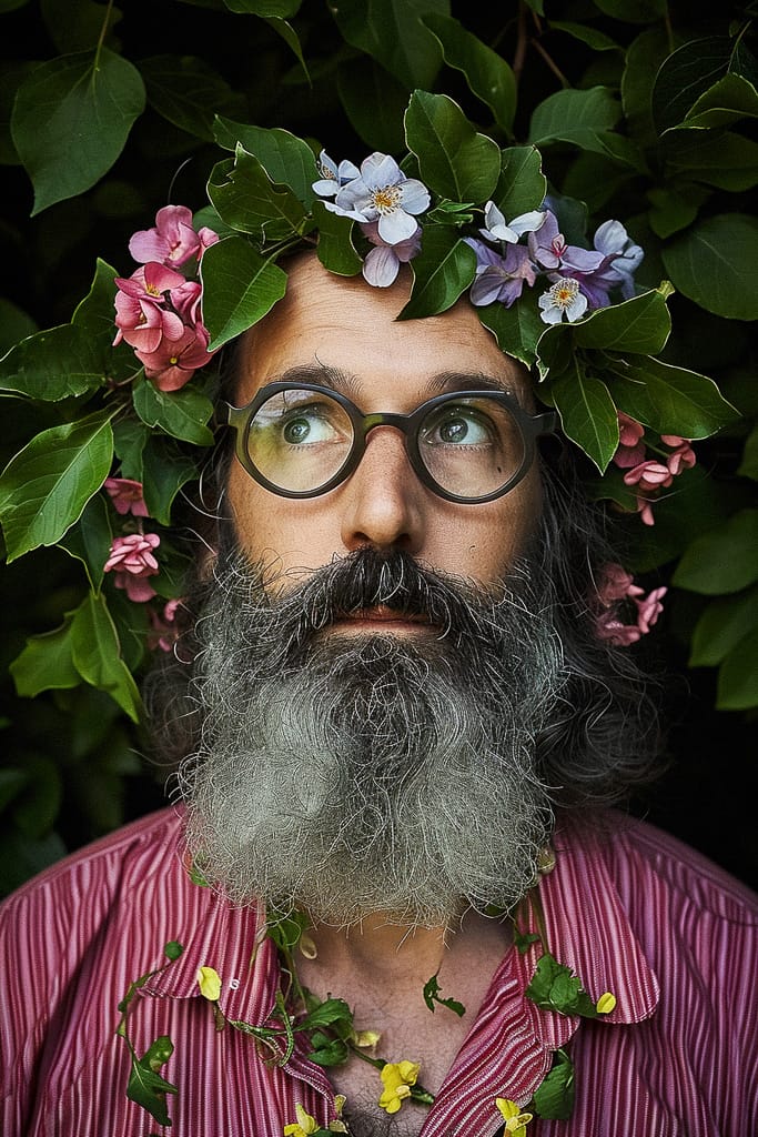 Bearded flower wizard with glasses amid green leaves, photorealistic, natural colors, soft light, Midjourney V6.0
