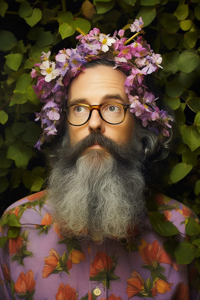 Bearded wizard wearing a flower crown, rendered as a warm, richly colored portrait, Midjourney V5.2