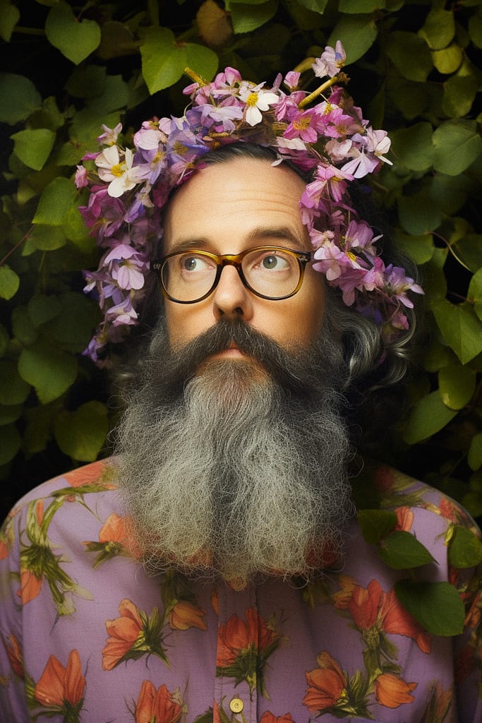 Flower wizard with a long gray beard, photographed in warm natural light and earthy colors, Midjourney V5.2