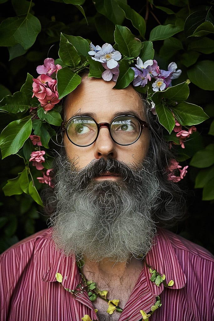 Bearded flower wizard with glasses, photorealistic portrait in lush green foliage and soft light, Midjourney V6.0
