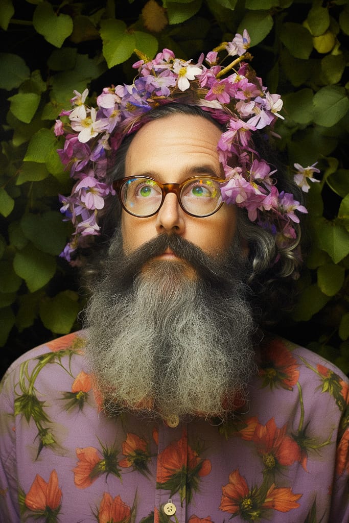 Flower wizard with a long gray beard, wearing glasses and a floral crown, photorealistic, Midjourney V5.2