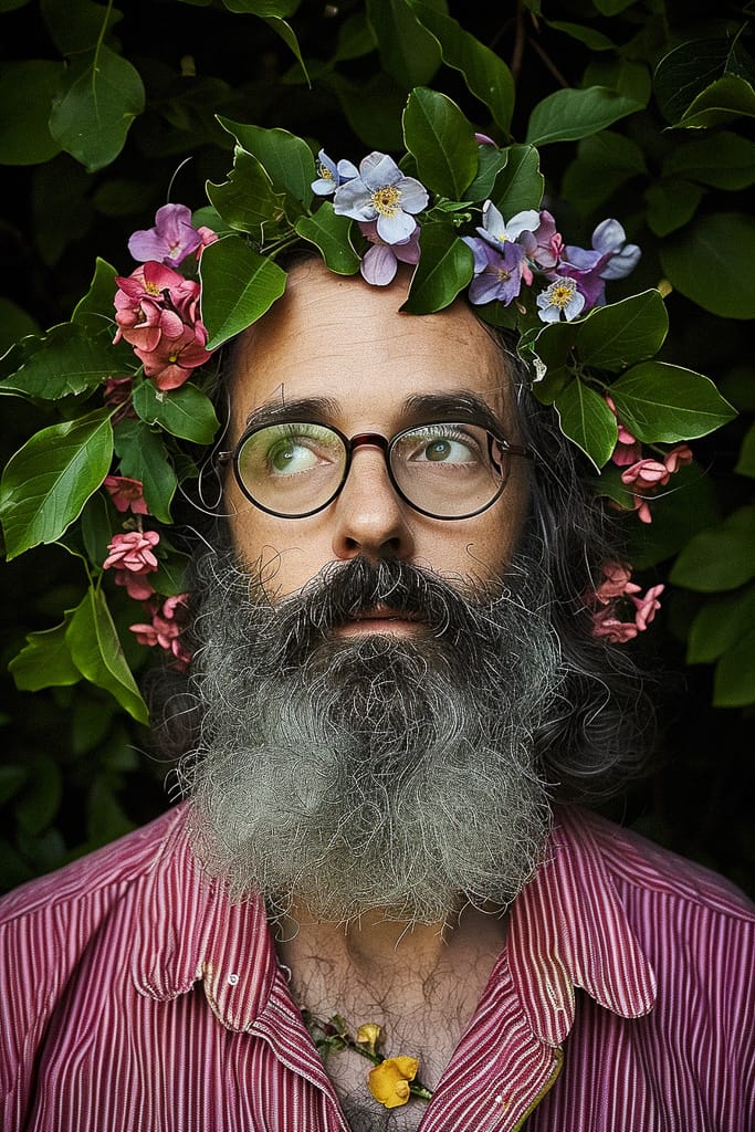 Bearded flower-crowned wizard in a photorealistic portrait with vivid colors and dramatic light, Midjourney V6.0