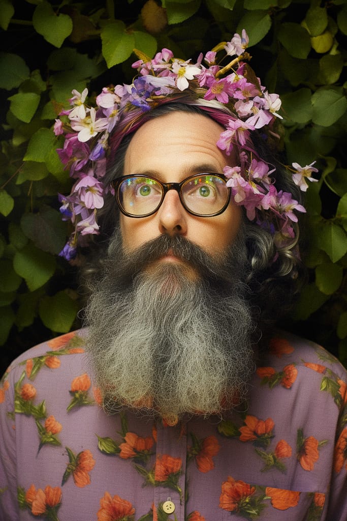 Bearded wizard with glasses and flower crown, vivid floral portrait with leafy green backdrop, Midjourney V5.2
