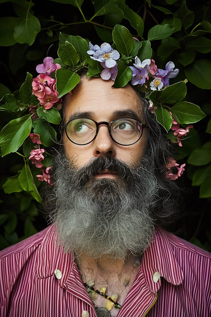 Flower wizard with a long beard, photorealistic portrait in rich natural colors and soft light, Midjourney V6.0