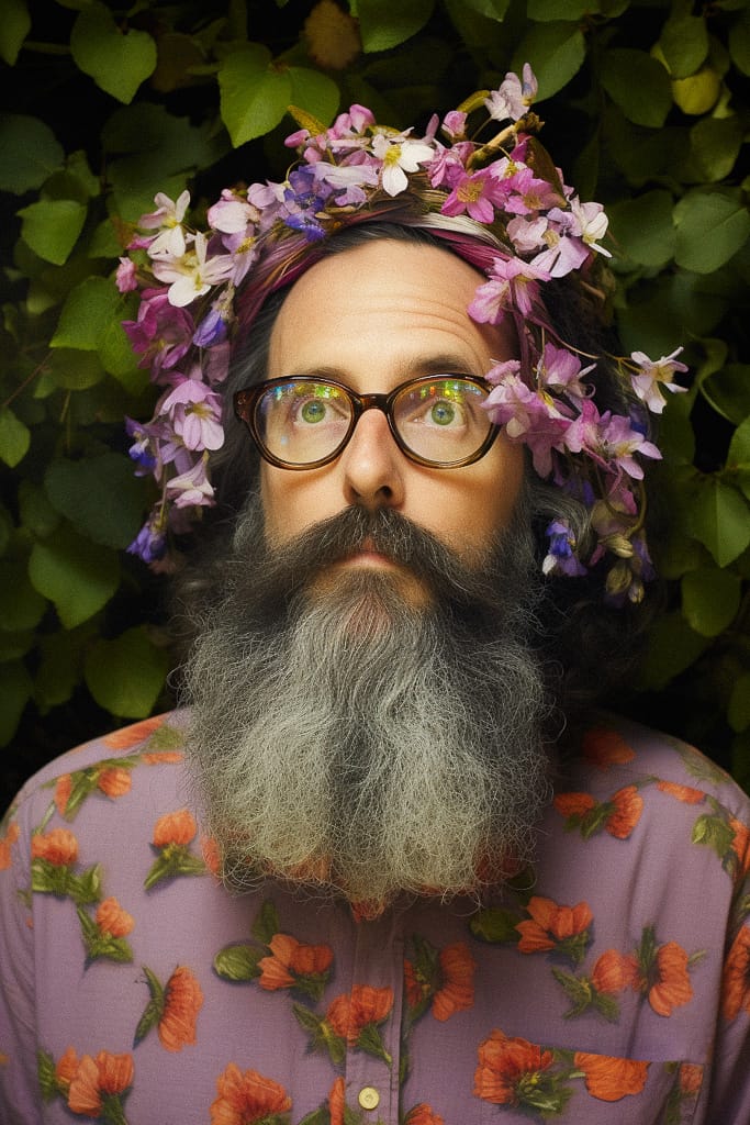 Flower wizard with glasses and a long beard, photorealistic portrait in warm natural light, Midjourney V5.2