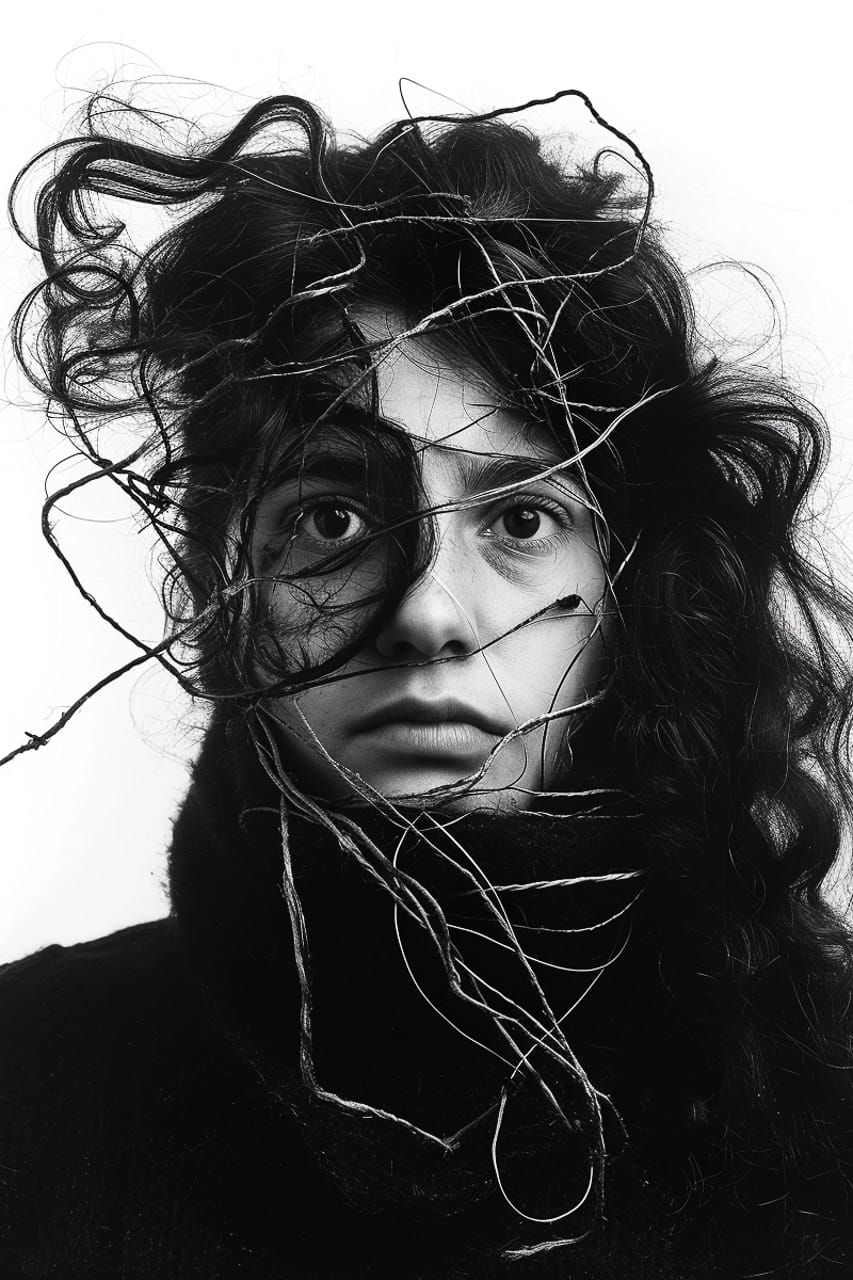 Woman with threads and wires around her head, Midjourney V6.0, figure 217