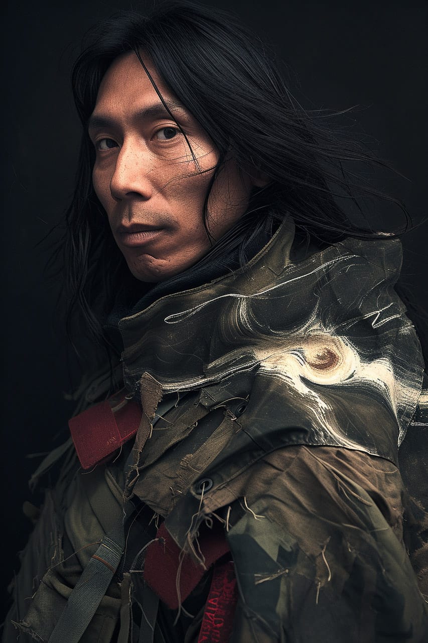 Long-haired person in rugged clothing, dark photorealistic portrait with muted colors and soft light, Midjourney V6.0