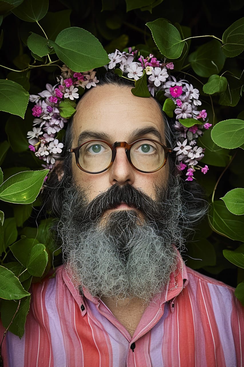 Wizard of flowers with a long beard, photographed in vivid colors with dramatic lighting, Midjourney V6.0