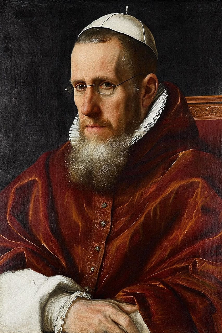 Portrait of a pope in red robes, rendered as a detailed oil-on-canvas painting with dark lighting, Midjourney V6.0