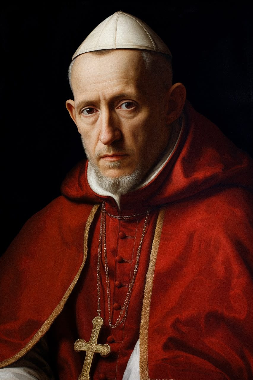 Portrait of a pope in red vestments, rendered as an oil-on-canvas painting with dramatic light, Midjourney V5.2