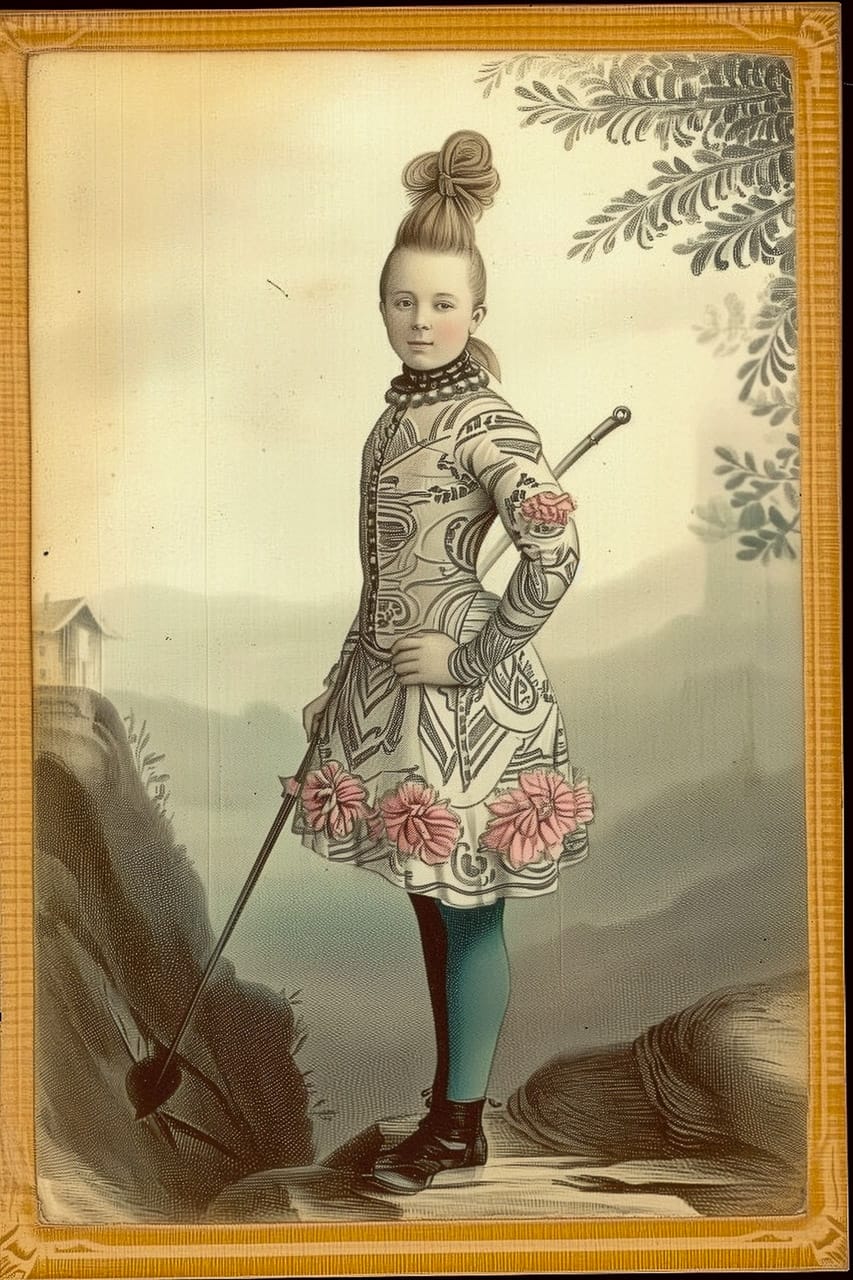 Fashionable woman with sword in a vintage illustrated print, muted sepia palette and floral border, Midjourney V6.0