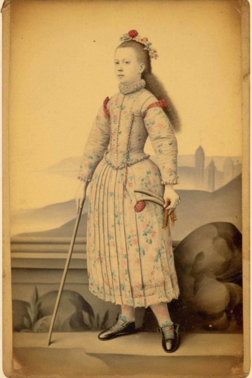 Woman in a floral dress holding a cane, rendered as a faded sepia vintage illustration, Midjourney V5.2