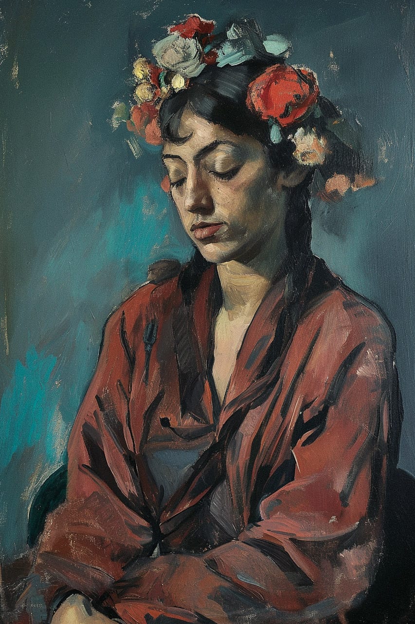 Woman with flowers in her hair, in the style of Paul Cézanne, Midjourney V6.0
