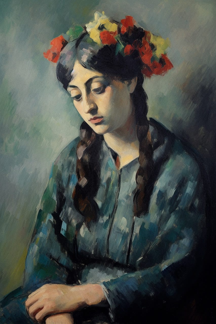 Woman with flowers in her hair in the style of Paul Cézanne, muted blue-green oil paint, Midjourney V5.2