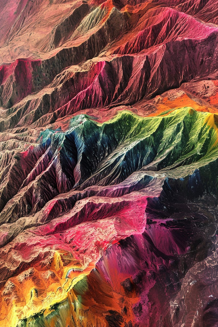 Rainbow-hued mountains in Zhangye National Geopark, satellite-style top view with vivid colors, Midjourney V6.0
