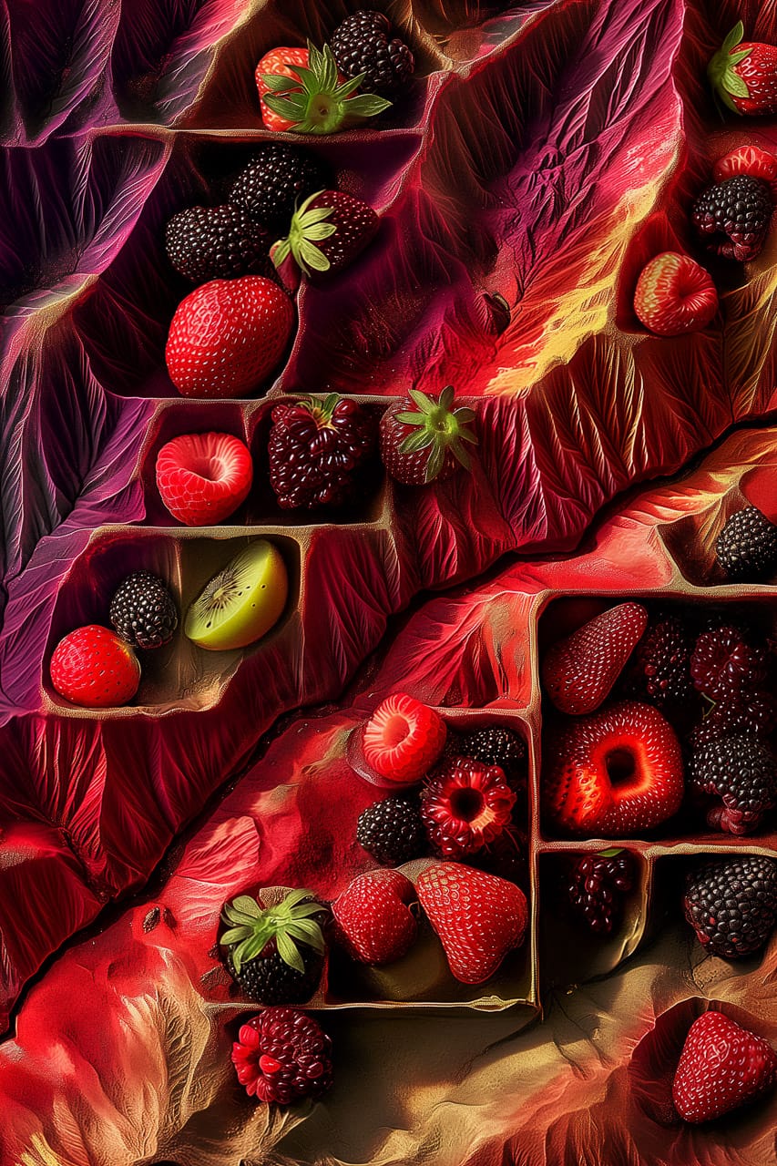 Assorted berries in sculptural folds, rendered in vivid reds and purples with dramatic highlights, Midjourney V6.0