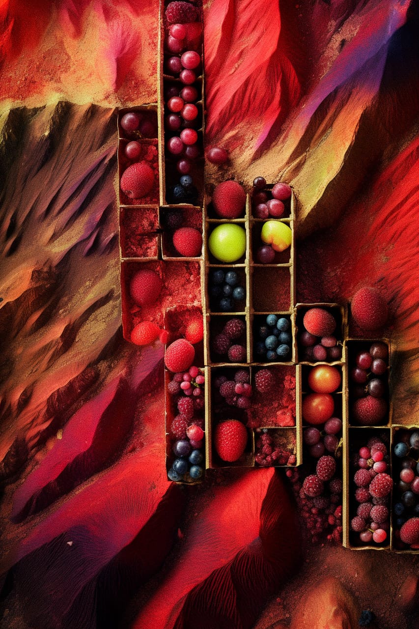 Boxes of berries and fruit amid flowing red and purple fabric, richly textured and warmly lit, Midjourney V5.2