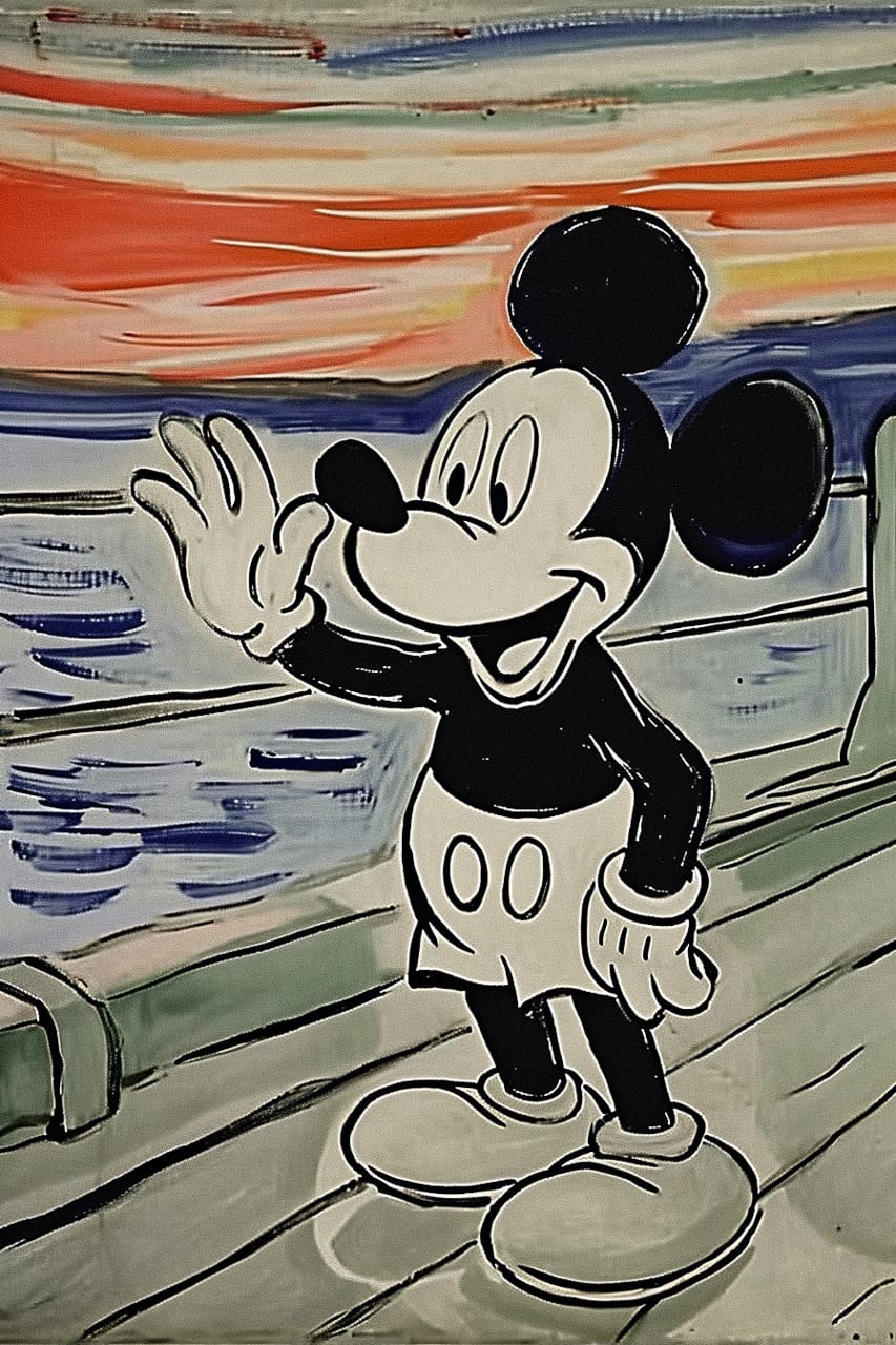 Mickey Mouse waving on a ship deck, in vintage cartoon linework with muted red, blue, and gray tones, Midjourney V6.0