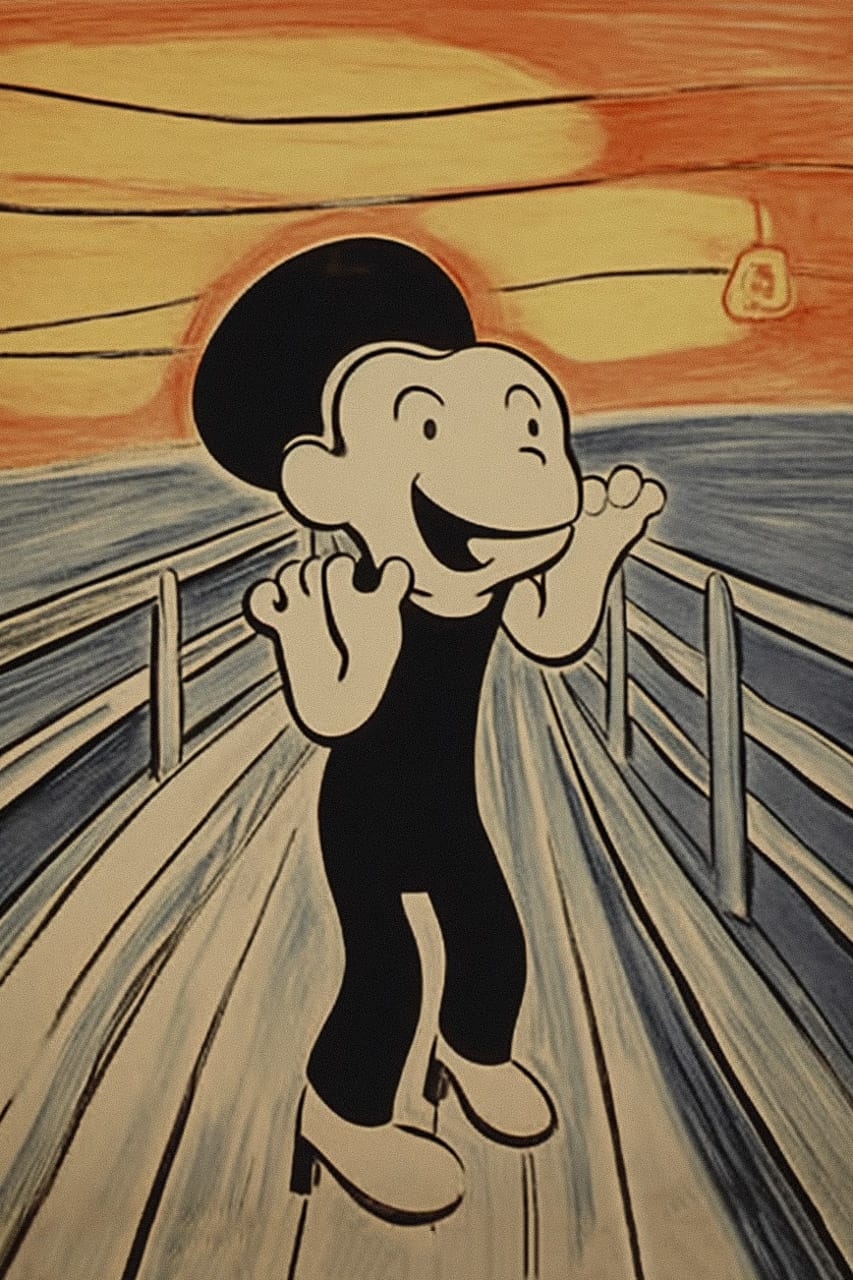 Smiling cartoon figure on a bridge, rendered in vintage hand-drawn animation with muted warm colors, Midjourney V5.2
