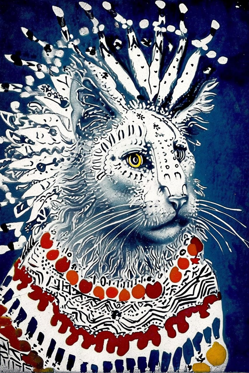 Lion portrait in intricate folk-art linework, white and navy palette with red and gold accents, Midjourney V6.0