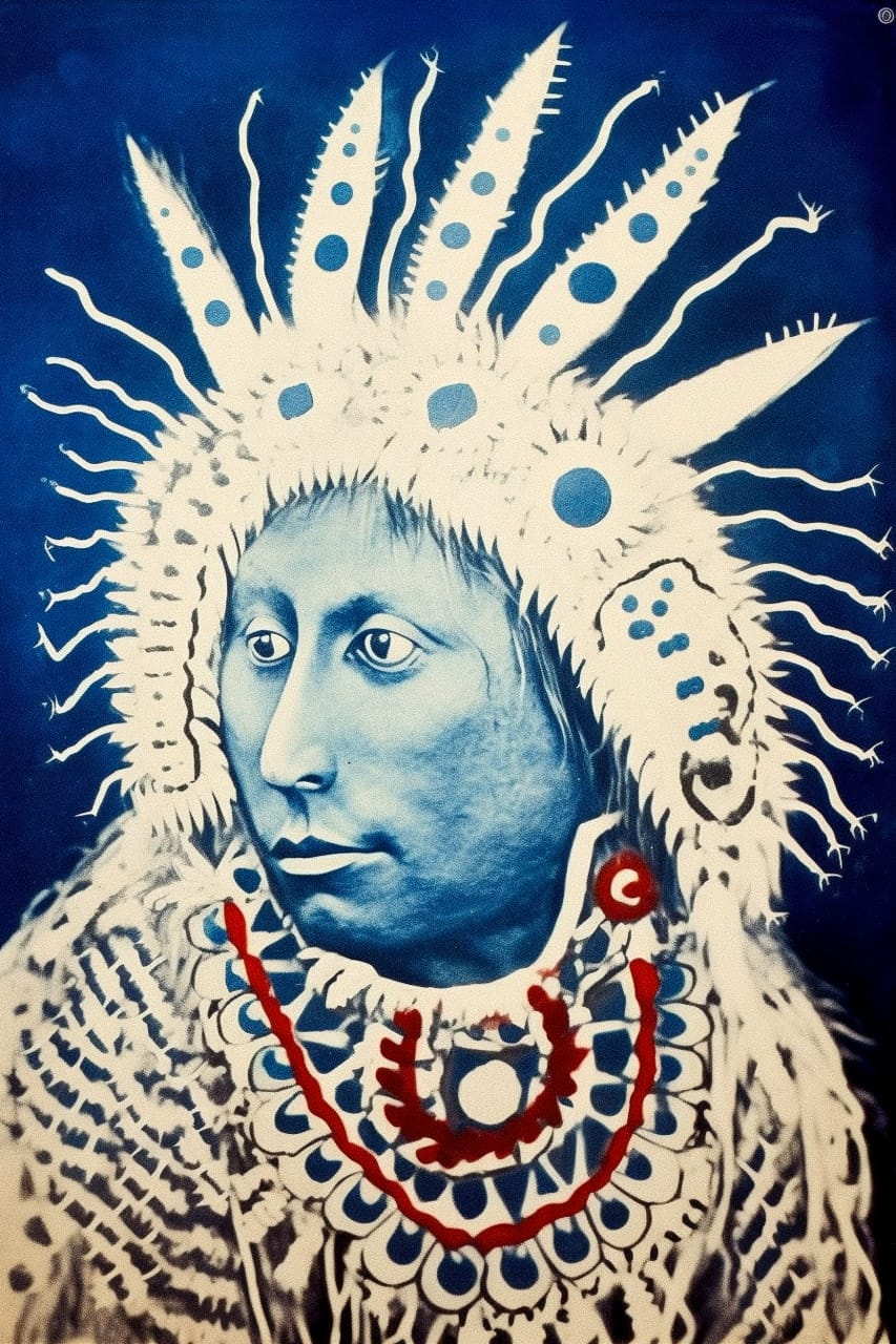 Blue-toned portrait of a person in an ornate spiked headdress and jewelry, graphic ink style, Midjourney V5.2