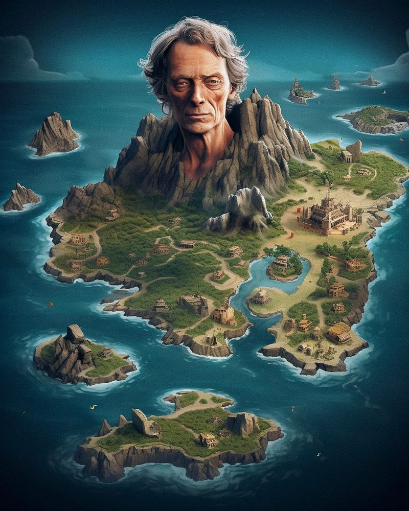 Pirate island map with a giant stone face, detailed fantasy cartography in teal and earthy tones, Midjourney V5.2