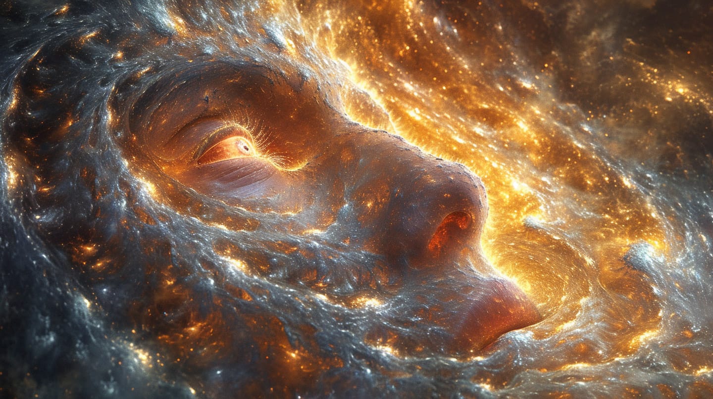 Surreal human face emerging from swirling cosmic clouds, luminous gold and blue digital art, Midjourney V6.0