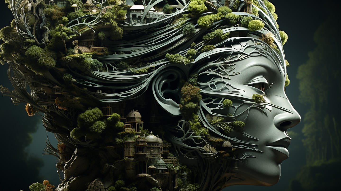 Futuristic woman's profile with botanical hair and miniature architecture, dark sculptural 3D art, Midjourney V5.2