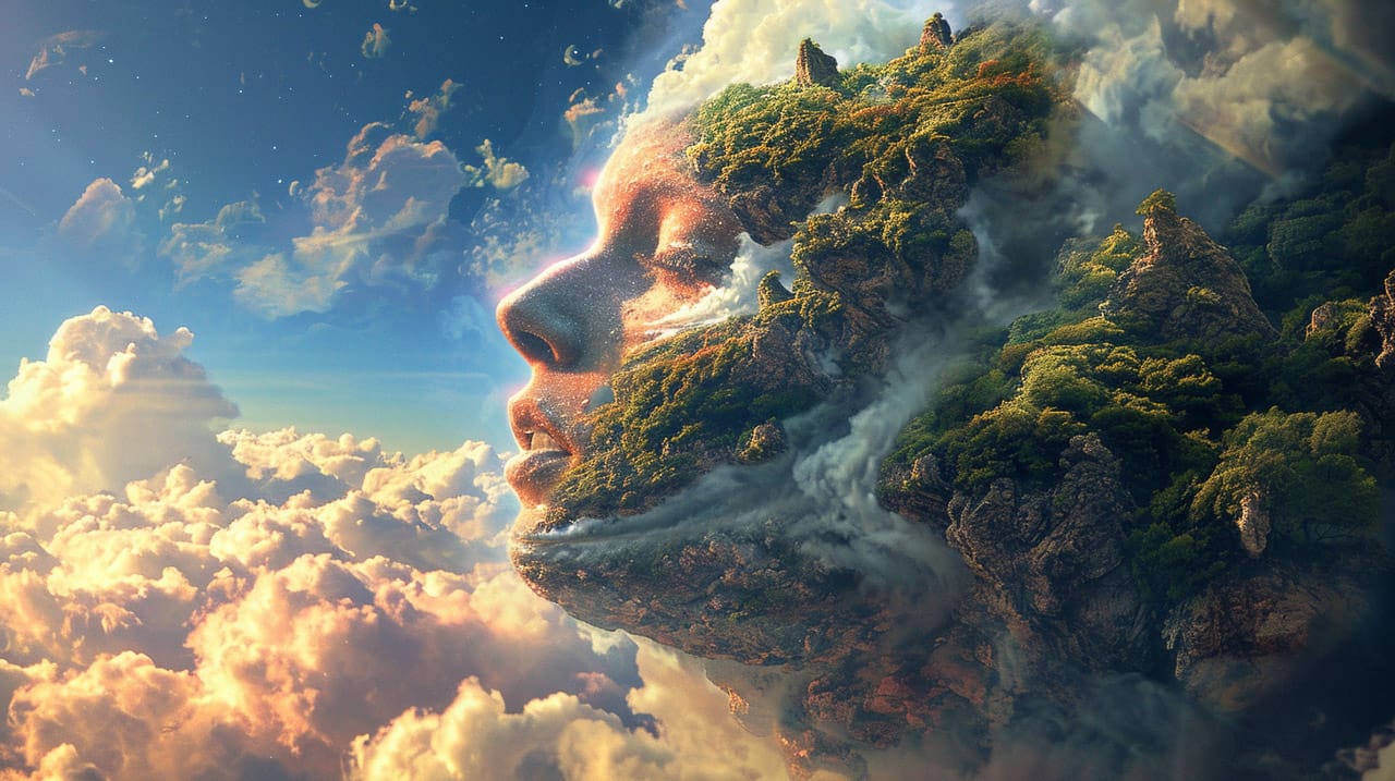 Profile of a face merging with a lush mountain, surreal digital art in warm cloudlit colors, Midjourney V6.0