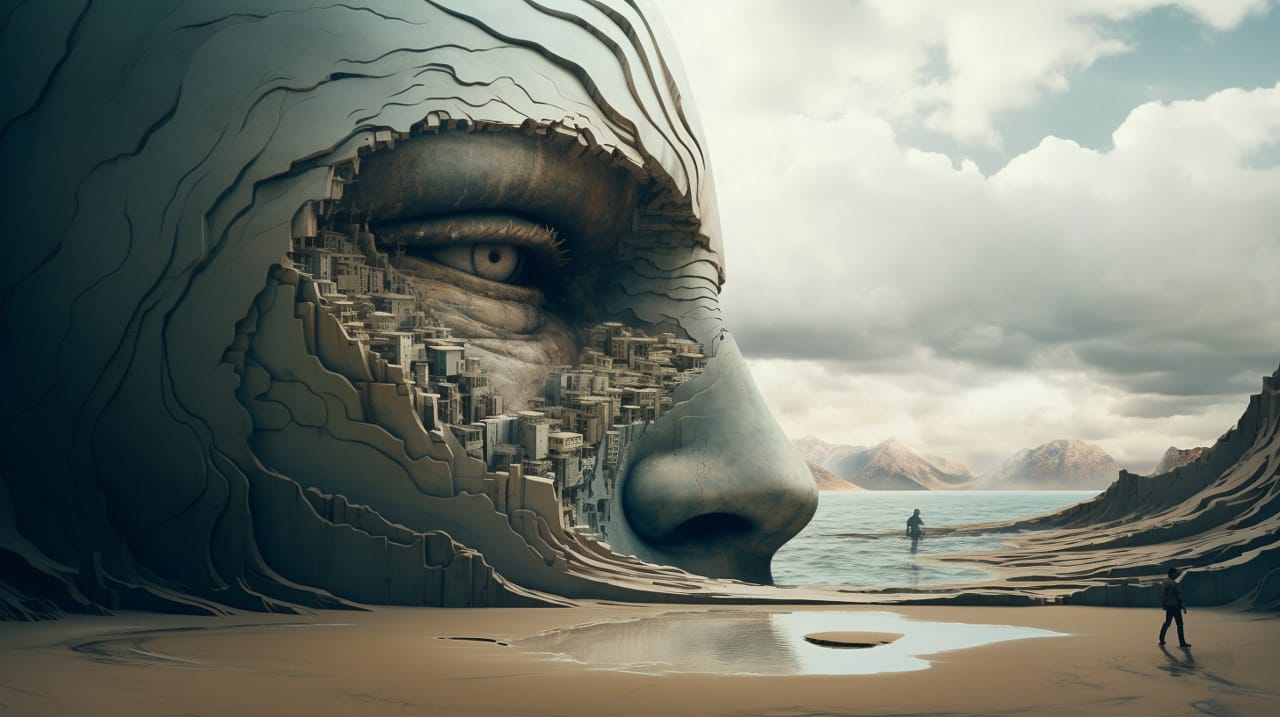Giant human face forming a coastal canyon with miniature buildings, muted light, and mountains, Midjourney V5.2