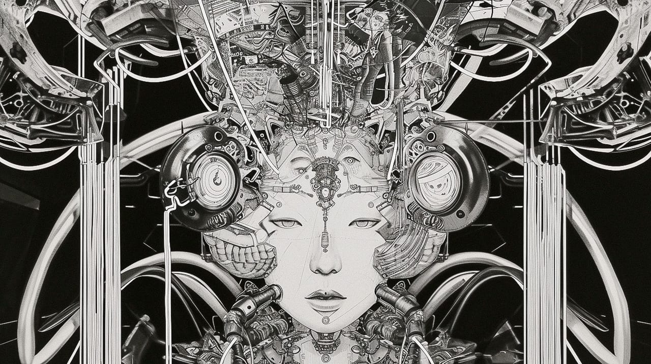 Cyborg geisha with headphones and wires, intricate symmetrical black-and-white collage drawing, Midjourney V6.0