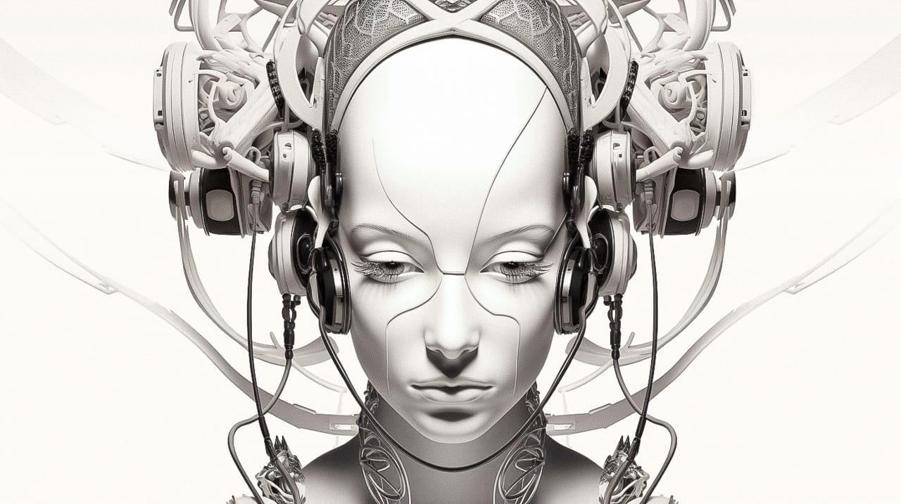 Symmetrical cyborg geisha head with headphones and wires, Midjourney V5.2