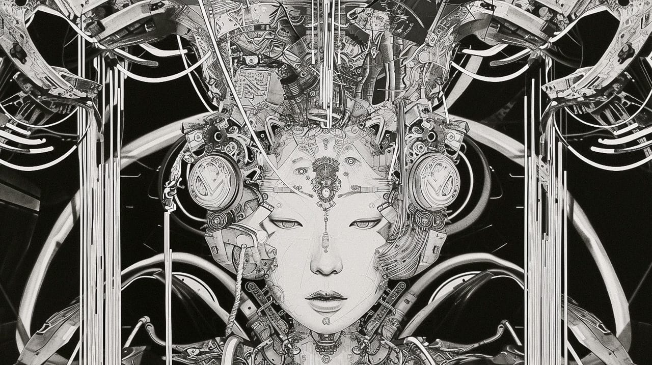 Cyborg geisha head with headphones and wires, intricate black-and-white cyberpunk collage, Midjourney V6.0