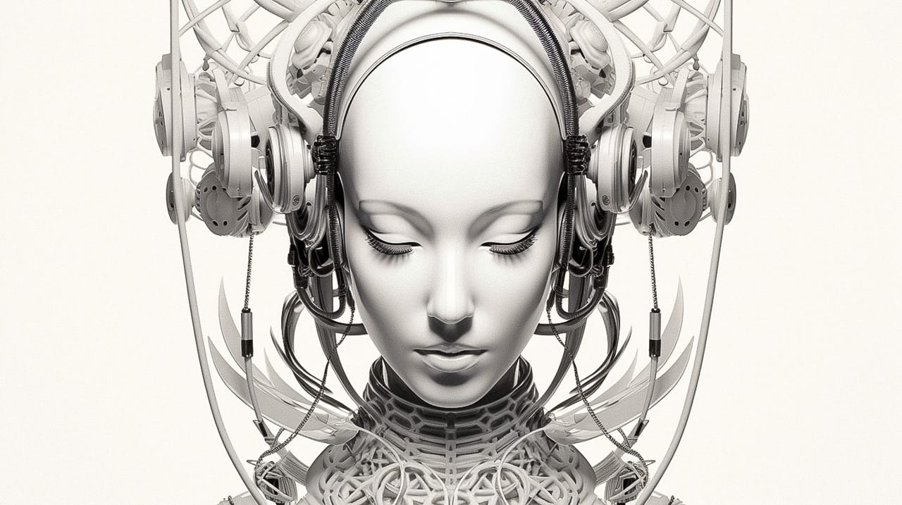 White cyborg geisha with headphones and wires, symmetrical black-and-white photorealistic collage, Midjourney V5.2