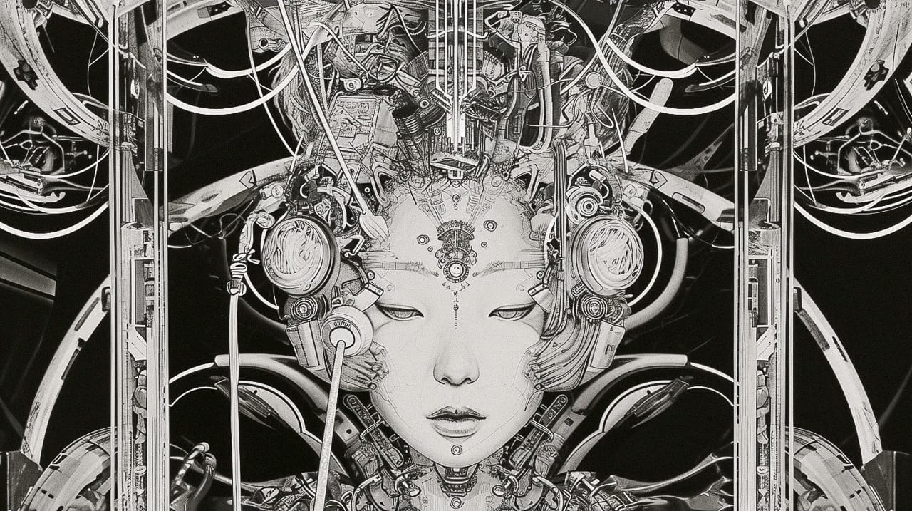 Cyborg geisha head with headphones and wires, symmetrical black-and-white cyberpunk drawing, Midjourney V6.0