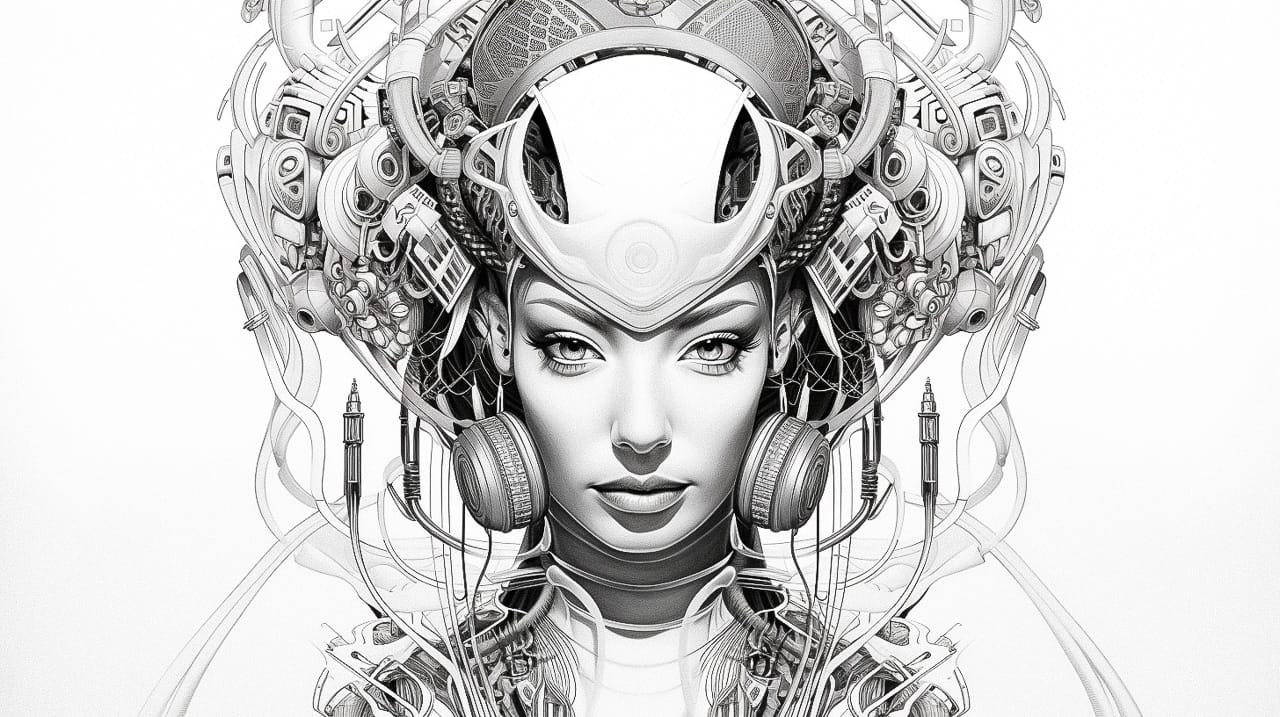 Symmetrical cyborg geisha with headphones and wires, intricate black-and-white realistic drawing, Midjourney V5.2
