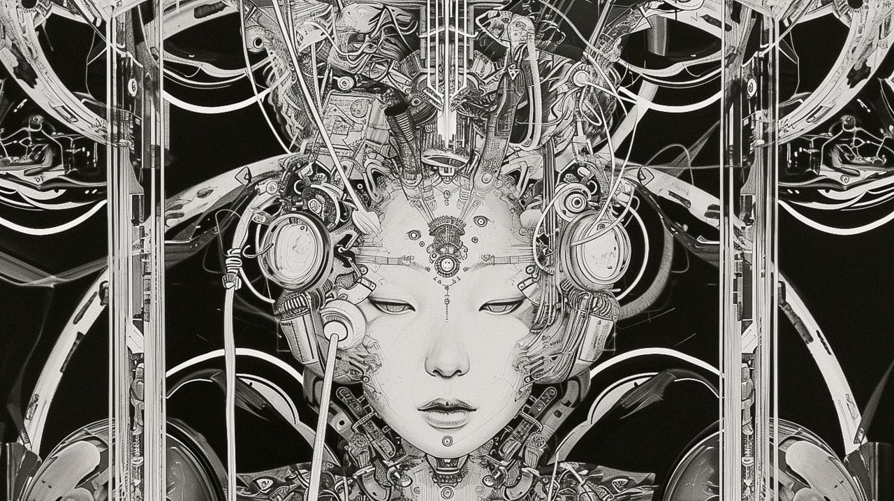 Cyborg geisha head with headphones and wires, symmetrical black-and-white collage, Midjourney V6.0