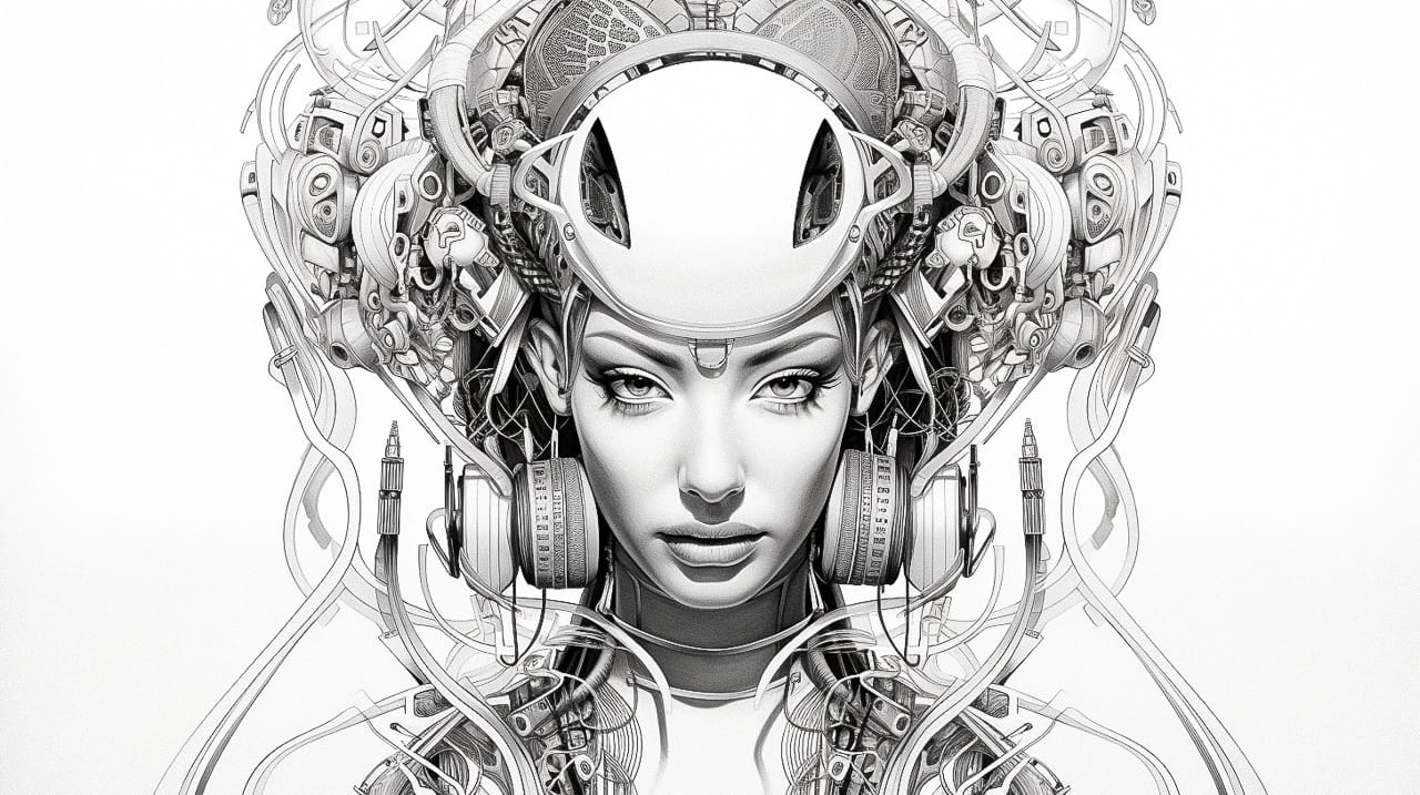 Cyborg geisha head with headphones and wires, symmetrical black-and-white photorealistic drawing, Midjourney V5.2