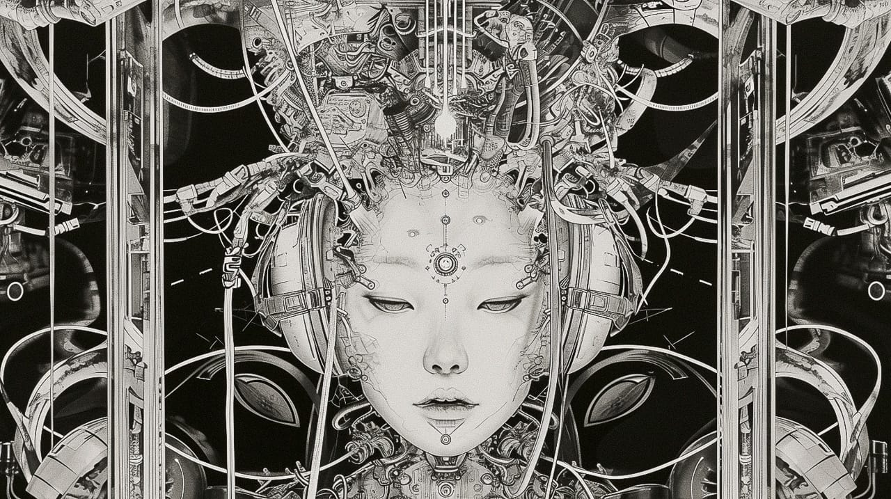 Cyborg geisha head with headphones and wires, symmetrical black-and-white intricate drawing, Midjourney V6.0