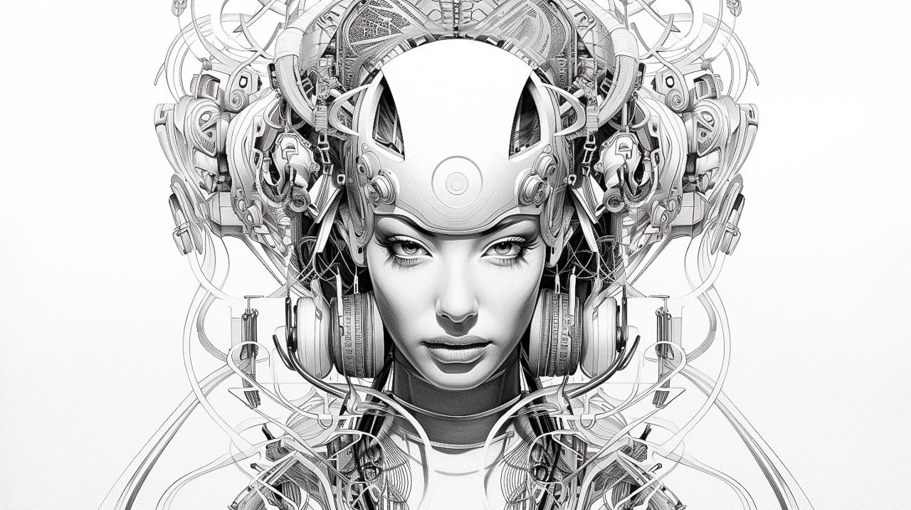 Symmetrical cyborg woman with headphones and wires, intricate black-and-white futuristic line art, Midjourney V5.2