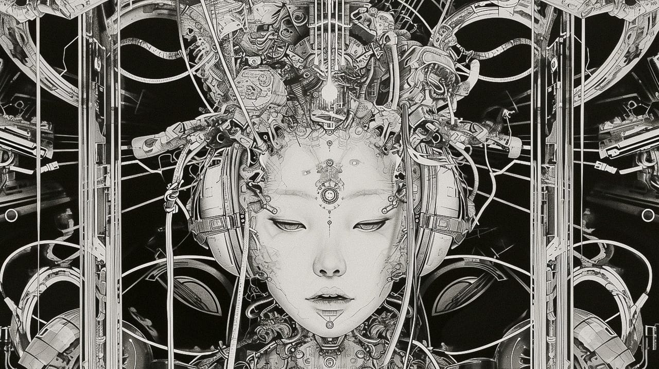 Cyborg geisha head with headphones and wires, symmetrical black-and-white cyberpunk linework, Midjourney V6.0