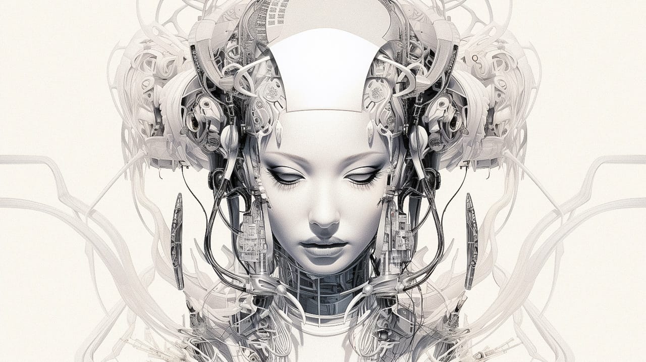 Symmetrical cyborg geisha head with headphones and wires, Midjourney V5.2, figure 16
